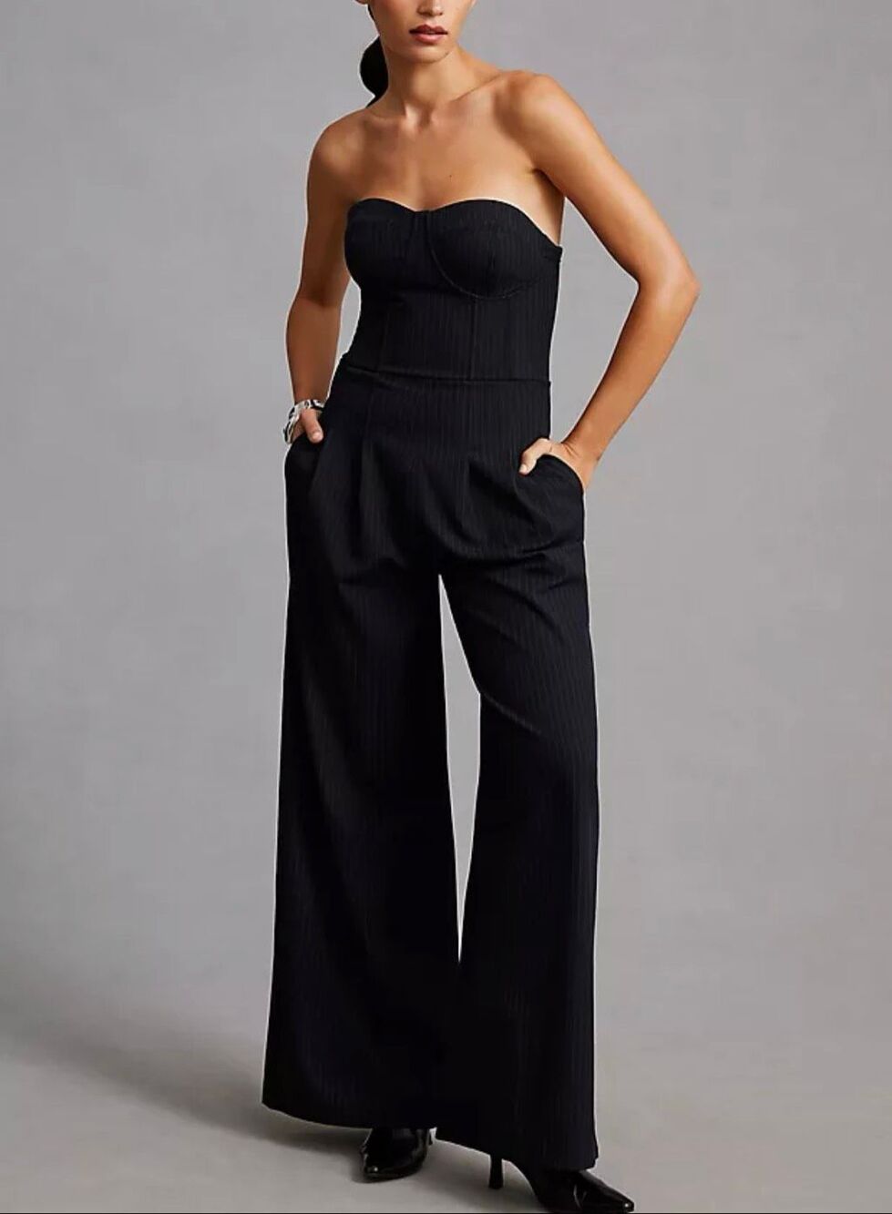 Anthropologie Dark Navy White Tailored Wide Leg Corset Pinstripe Jumpsuit Size 2